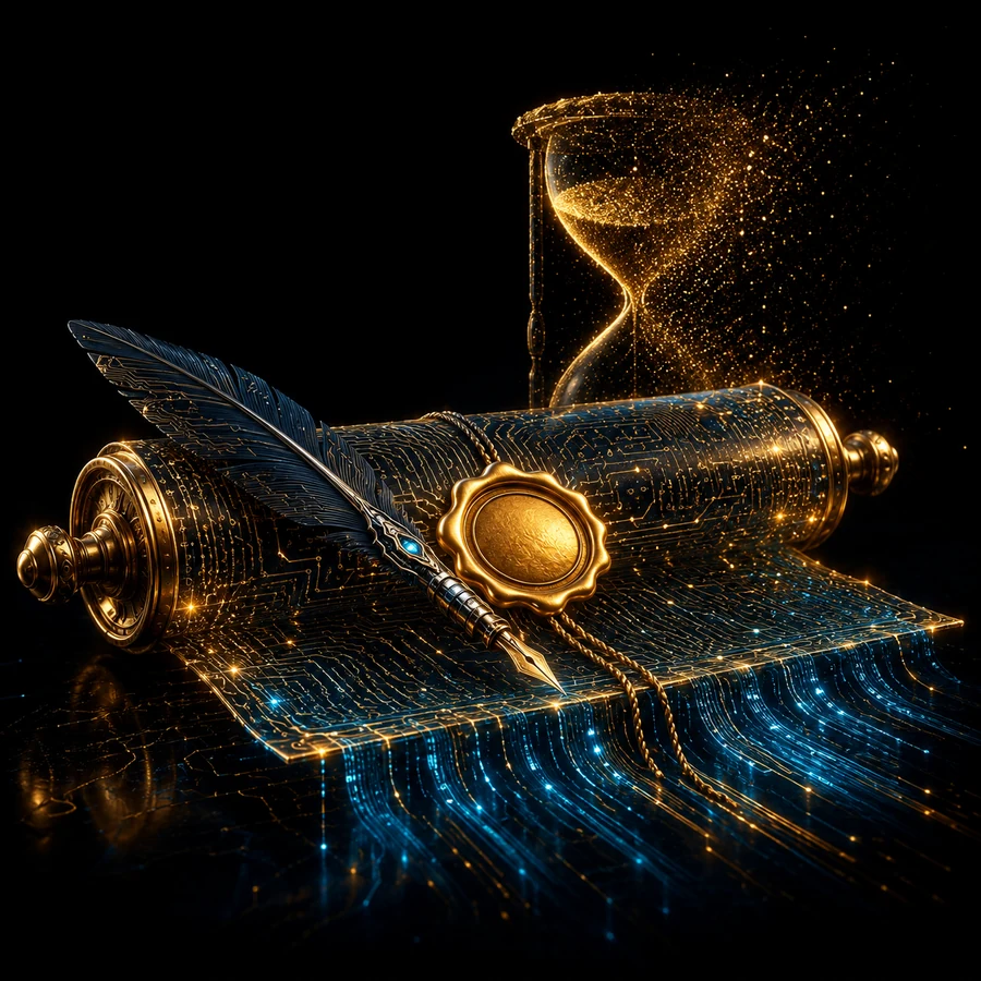 A circuit-etched scroll sealed in gold wax, an hourglass dissolving behind it